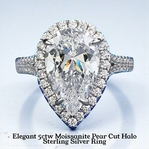 Luxurious 5ctw Moissanite Pear Cut Halo Sterling Silver Ring